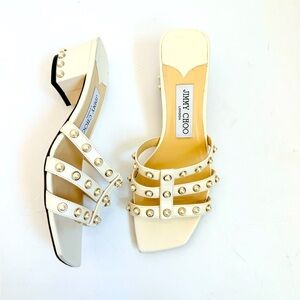 Jimmy Choo White/ Latte Leather Hazal Pearl Cage Slide Sandal 45mm 37